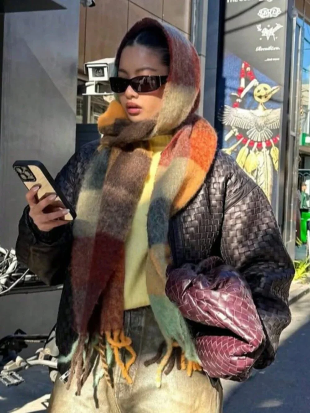Multicolor Plaid warm cozy Women's tassel oblong Scarf